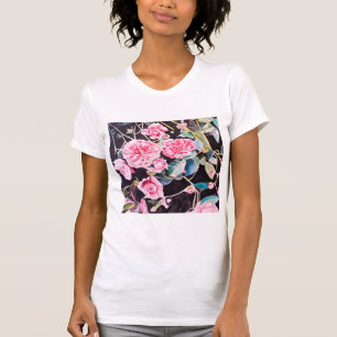 Pink Rose Watercolor Flowers Floral Painting T-Shirt