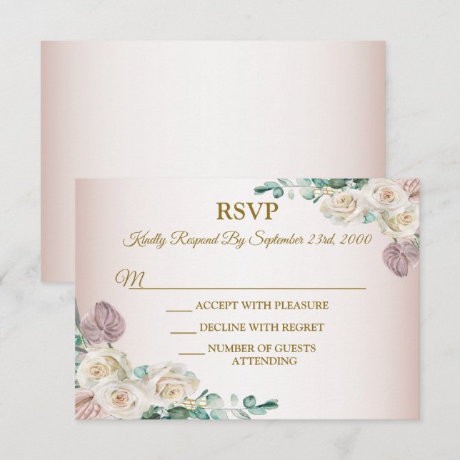 Pink Rose Watercolor Greenery Golden Dusty Elegant RSVP Card (Front/Back)
