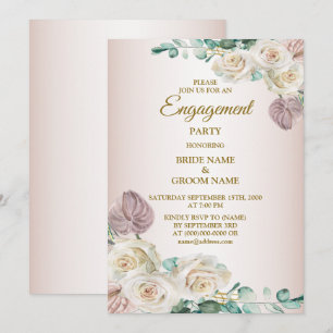 Pink Rose Watercolor Greenery Golden Engagement Invitation