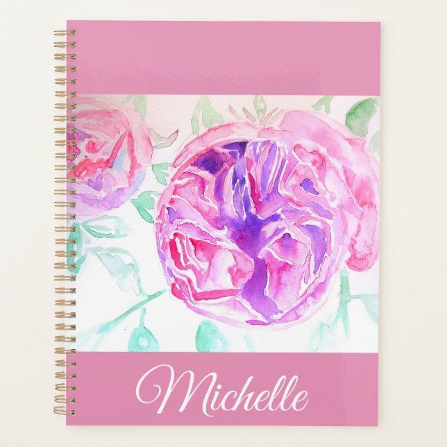 Pink Rose Watercolor Lilac Pink Girls Notebook Planner (Front)