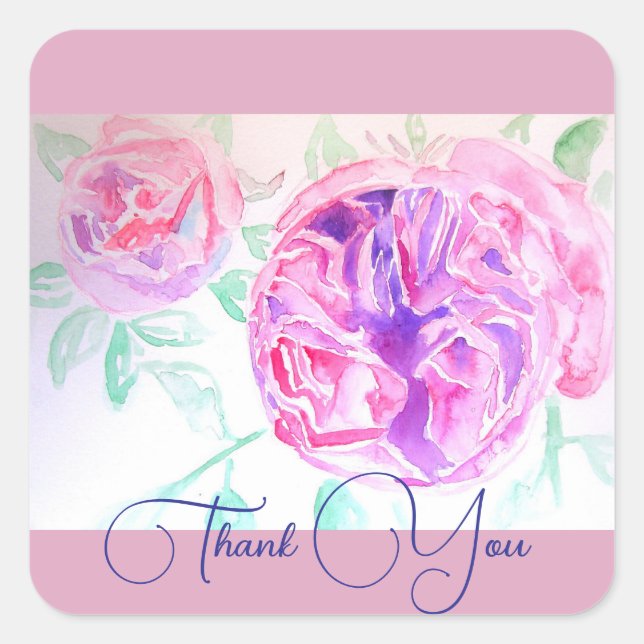Pink Rose Watercolor Lilac Pink Thank You Square Sticker (Front)