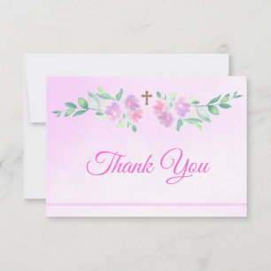 Pink Rose Watercolor Ombre Cross Baptism Baby Girl Thank You Card