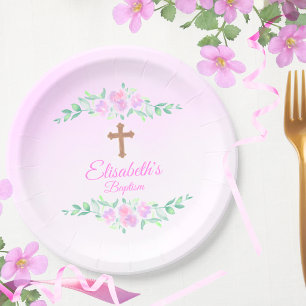 Pink Rose Watercolor Ombre Cross Baptism Custom Paper Plate