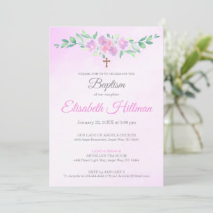Pink Rose Watercolor Ombre Cross Baptism Elegant Invitation
