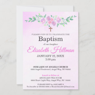 Pink Rose Watercolor Ombre Cross Baptism Floral Invitation
