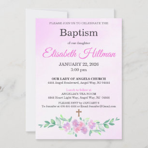 Pink Rose Watercolor Ombre Cross Baptism Invitation