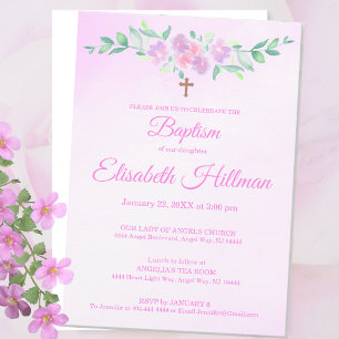 Pink Rose Watercolor Ombre Cross Baptism Pink Text Invitation