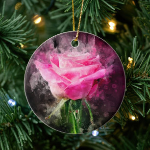 Pink Rose Watercolor on Black Background Ceramic Tree Decoration