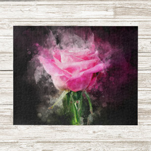 Pink Rose Watercolor on Black Background Jigsaw Puzzle