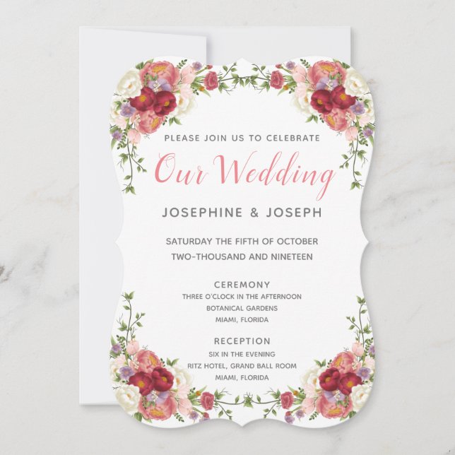Pink & Rose Watercolor Peonies Flowers Our Wedding Invitation (Front)