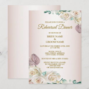 Pink Rose Watercolor Wedding Rehearsal Dinner Invitation