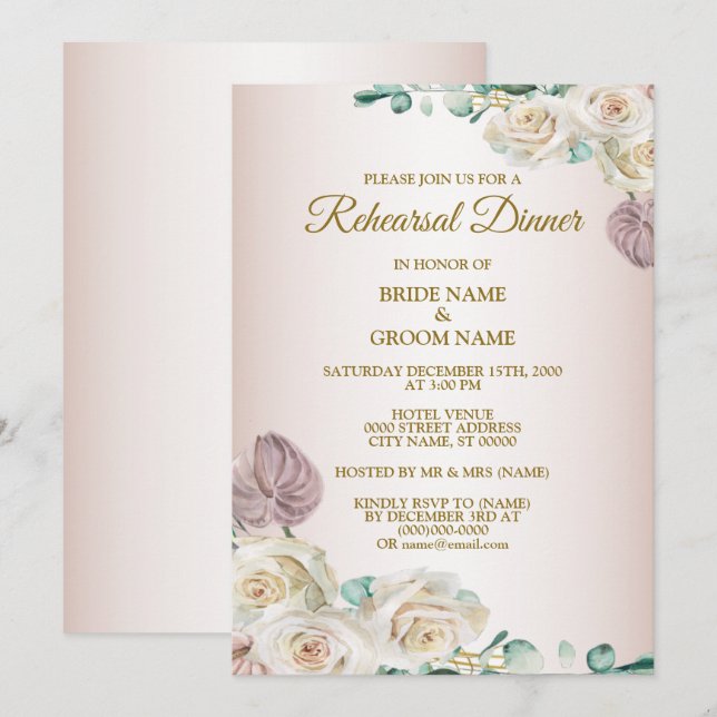 Pink Rose Watercolor Wedding Rehearsal Dinner Invitation (Front/Back)