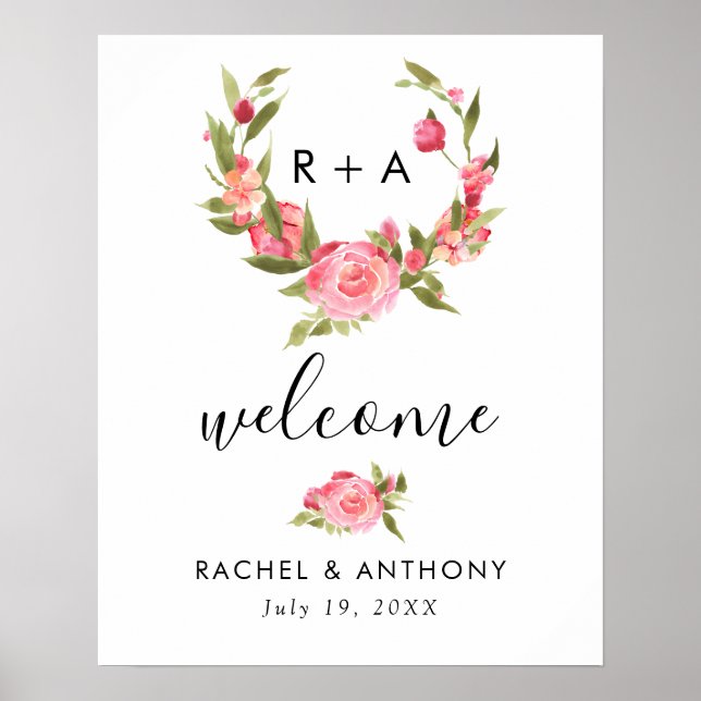 Pink Rose Watercolor Welcome Wedding Sign Chic (Front)