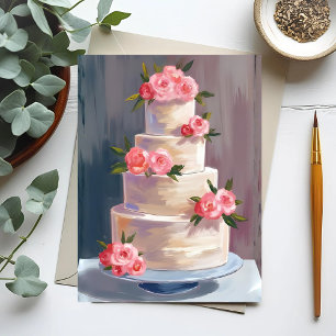 Pink Rose Wedding Cake Watercolor Wedding Postcard