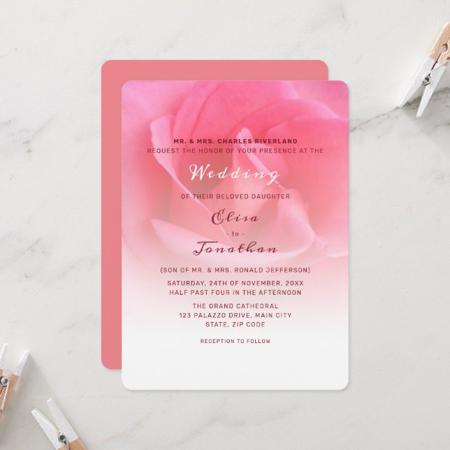 Pink Rose Wedding Invitation (Front/Back In Situ)
