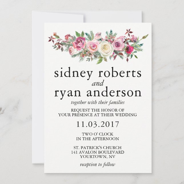 PINK ROSE Wedding Invitation Blush Floral Bouquet (Front)