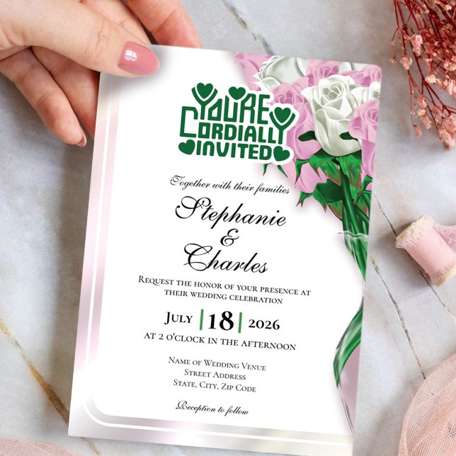 Pink Rose Wedding Invitation - Green Lettering 4 (Pink and White roses in vase wedding invite design with green heading)