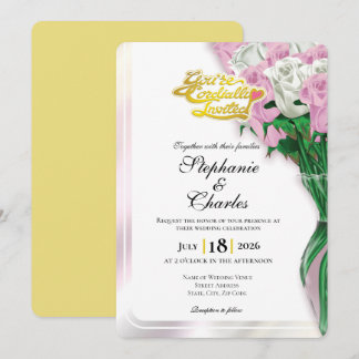 Pink Rose Wedding Invite - Gold Heading #1