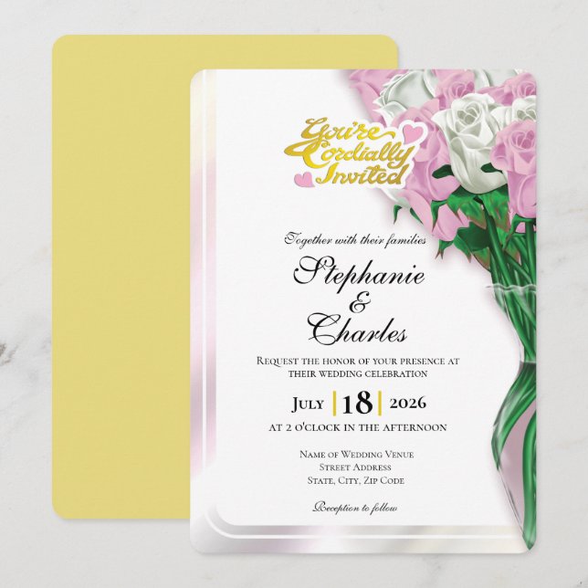 Pink Rose Wedding Invite - Gold Letters 2 (Front/Back)