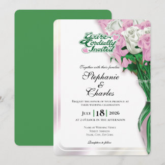 Pink Rose Wedding Invite - Green Letters 1