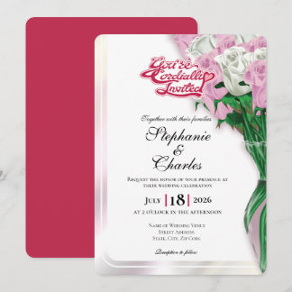 Pink Rose Wedding Invite - Red Heading #1