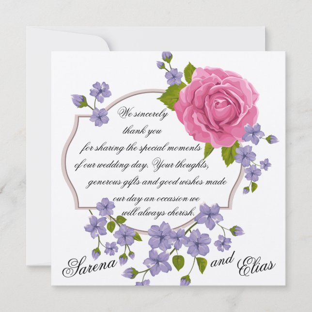 Pink Rose Wedding Thank You Card (Front)