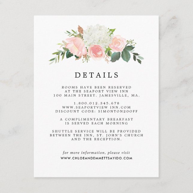 Pink Rose White Floral Wedding Guest Details Enclosure Card (Front)