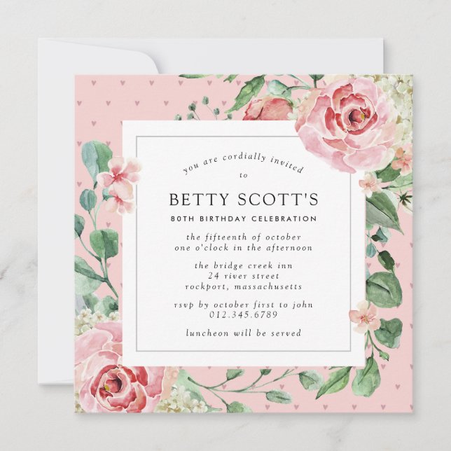 Pink Rose White Hydrangea 80th Birthday Party Invitation (Front)
