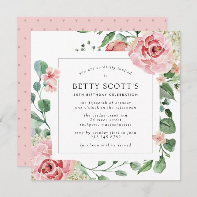 Pink Rose White Hydrangea 80th Birthday Party Invitation (Front/Back)