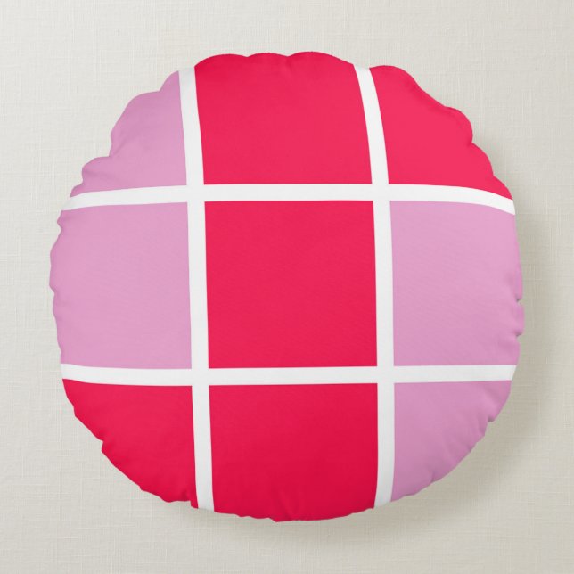 Pink rose white lines squares geometric round cushion (Front)