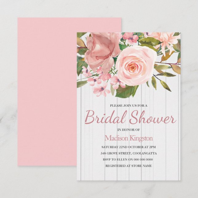 Pink Rose White Wood Bridal Shower Invite (Front/Back)