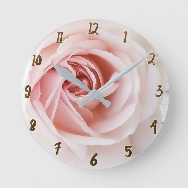 Pink Rose White Wood Shabby Chic Farmhouse Floral Round Clock (Front)