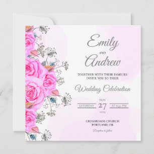 Pink Rose Wildflower Watercolor Square Wedding Invitation