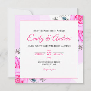 Pink Rose Wildflower Watercolor Square Wedding Invitation