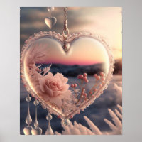 Pink Rose Winter Scene Glass Heart