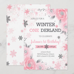 Pink Rose Winter Wonderland 1st Birthday Invite