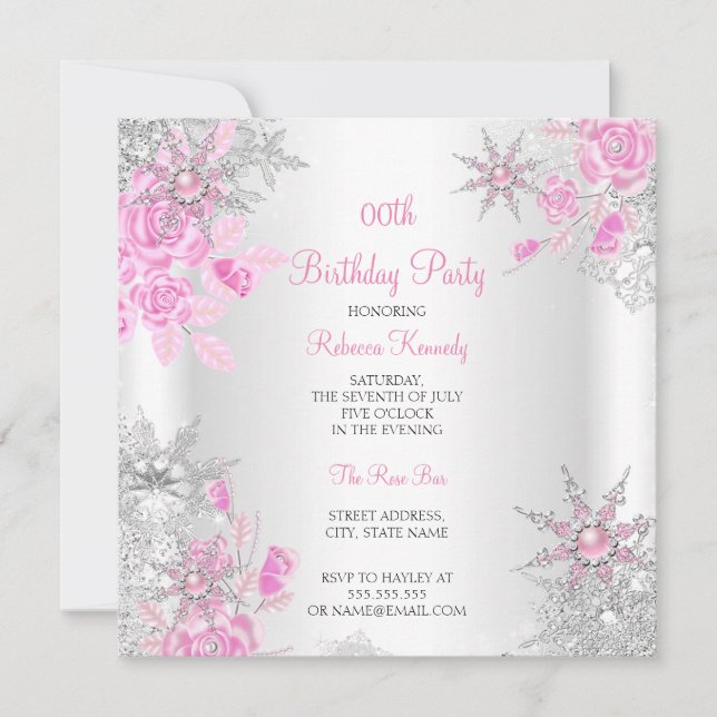 Pink Rose Winter Wonderland Snowflakes Party Invitation (Front)
