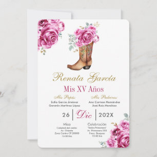 Pink rose with boot Quinceañera Invitation