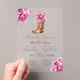 Pink rose with boot Quinceañera Invitation