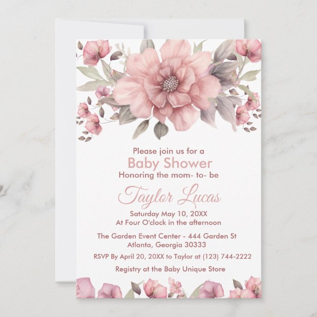 Pink Rose with Greenery Baby Shower Invitation (Front)