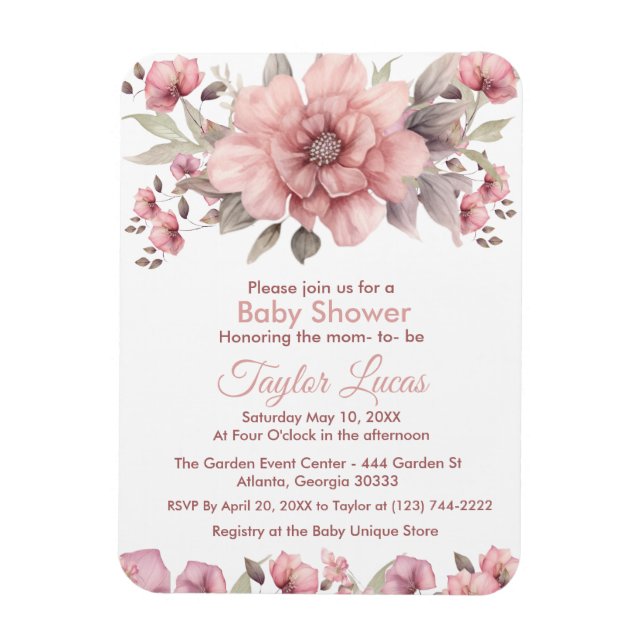 Pink Rose with Greenery Baby Shower Invitation Magnet (Vertical)