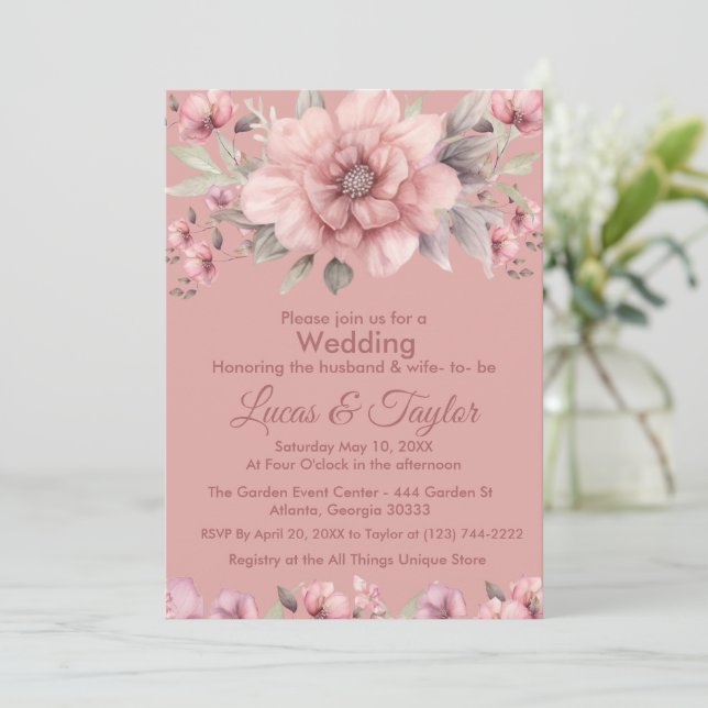Pink Rose with Greenery Wedding Invitation (Standing Front)