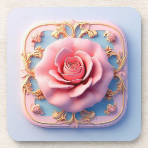 Pink Rose With Intricate Gold Ornamental Details Coaster