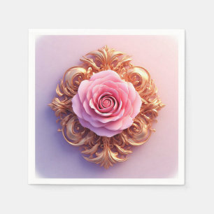 Pink Rose With Intricate Gold Ornamental Details Napkin
