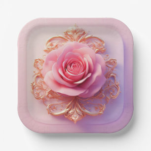 Pink Rose With Intricate Gold Ornamental Details Paper Plate