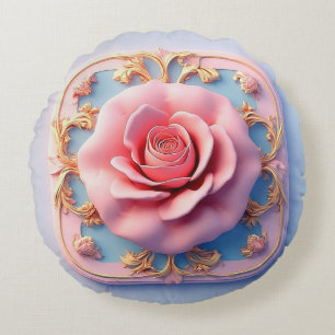 Pink Rose With Intricate Gold Ornamental Details Round Cushion