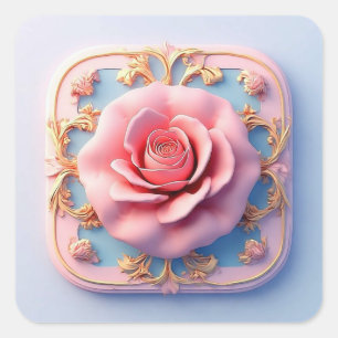 Pink Rose With Intricate Gold Ornamental Details Square Sticker