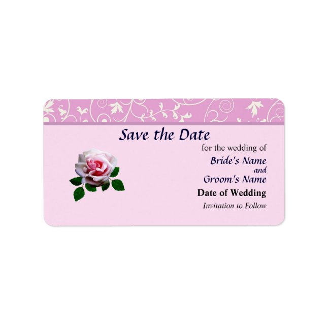 Pink Rose With Leaves Save the Date Label (Front)