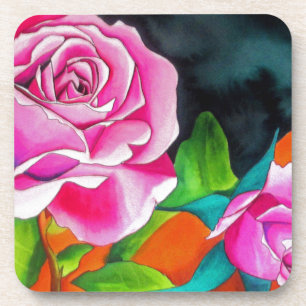 Pink Rose with orange watercolor art Coaster