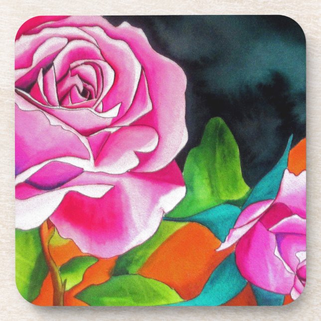 Pink Rose with orange watercolor art Coaster (Front)